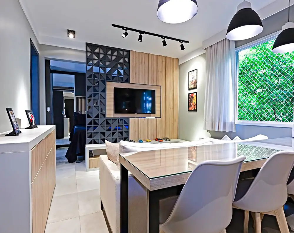 Sala de estar jantar integrada apartamento pequeno painel 3D TV giratória reforma Patricia Bonadia (2)
